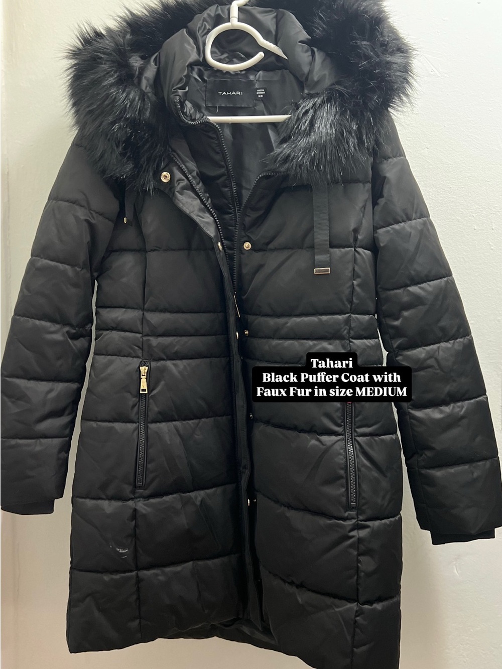 Tahari Women's Black Puffer Coat with Faux Fur Hood